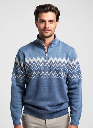 Pull tissage jacquard manches longues bleu CAMBRIDGE homme