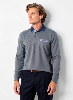 Polo tissage chiné manches longues bleu EMBLEMATIC homme