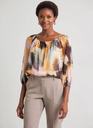 Blouse imprimé fantaisie manches longues jaune COULEURS DU TEMPS femme