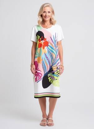 Robe mi-longue imprimé fantaisie manches courtes blanc GUY DUBOUIS femme