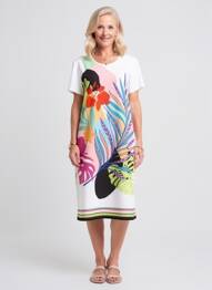 Robe mi-longue imprimé fantaisie manches courtes blanc GUY DUBOUIS femme