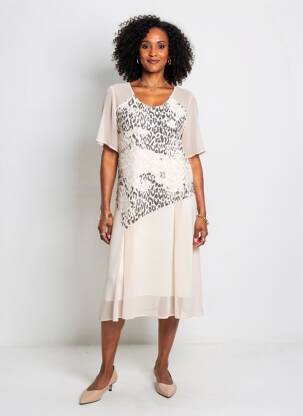 Robe mi-longue coupe fluide manches courtes beige MARI GIUDICELL femme