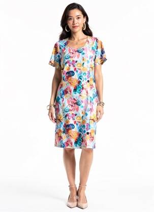 Robe mi-longue imprimé fleurs manches courtes bleu GUY DUBOUIS femme