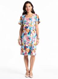 Robe mi-longue imprimé fleurs manches courtes bleu GUY DUBOUIS femme