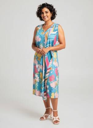 Robe mi-longue imprimé fleurs sans manche bleu GUY DUBOUIS femme