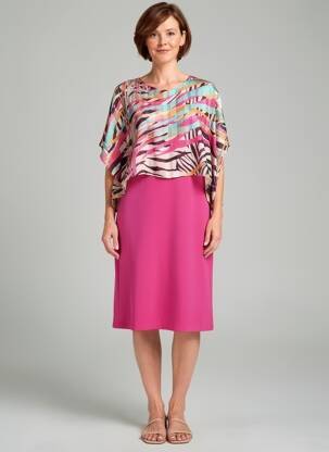 Robe mi-longue imprimé fantaisie manches courtes rose GUY DUBOUIS femme