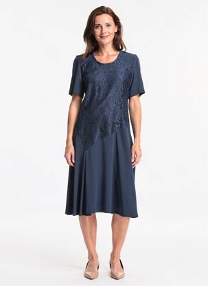 Robe mi-longue tissage crêpe manches courtes bleu GUY DUBOUIS femme