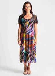 Robe mi-longue imprimé fantaisie manches courtes noir GUY DUBOUIS femme