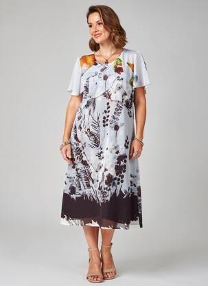 Robe mi-longue imprimé fantaisie manches courtes blanc GUY DUBOUIS femme