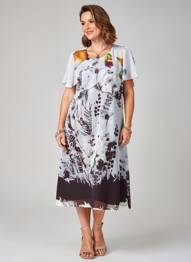 Robe mi-longue imprimé fantaisie manches courtes blanc GUY DUBOUIS femme