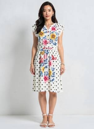 Robe mi-longue imprimé fantaisie manches courtes blanc GUY DUBOUIS femme