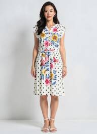 Robe mi-longue imprimé fantaisie manches courtes blanc GUY DUBOUIS femme