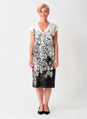 Robe mi-longue imprimé fantaisie manches courtes blanc FRANCE RIVOIRE femme