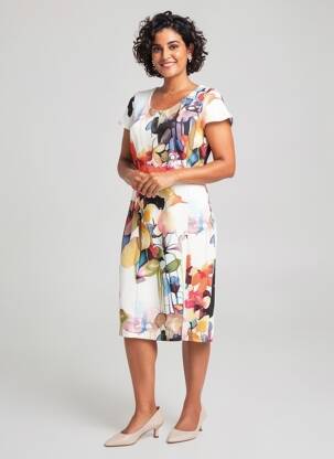 Robe mi-longue imprimé fantaisie manches courtes blanc GUY DUBOUIS femme