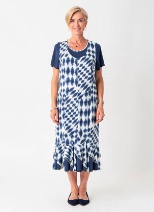 Robe mi-longue imprimé fantaisie manches courtes bleu FRANCE RIVOIRE femme