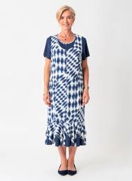 Robe mi-longue imprimé fantaisie manches courtes bleu FRANCE RIVOIRE femme