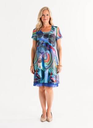 Robe mi-longue imprimé fantaisie manches courtes bleu GUY DUBOUIS femme