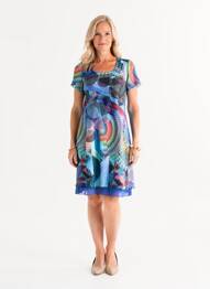Robe mi-longue imprimé fantaisie manches courtes bleu GUY DUBOUIS femme
