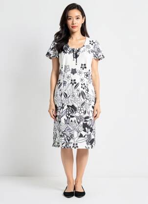 Robe mi-longue imprimé fantaisie manches courtes blanc GUY DUBOUIS femme