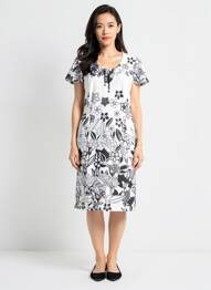 Robe mi-longue imprimé fantaisie manches courtes blanc GUY DUBOUIS femme