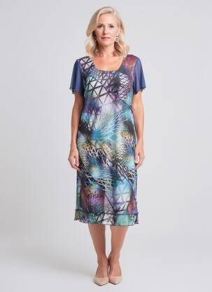Robe mi-longue imprimé fantaisie manches courtes bleu GUY DUBOUIS femme