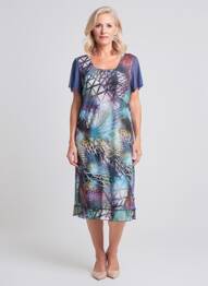 Robe mi-longue imprimé fantaisie manches courtes bleu GUY DUBOUIS femme