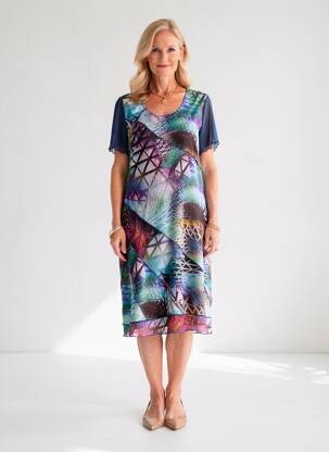 Robe mi-longue imprimé fantaisie manches courtes bleu GUY DUBOUIS femme