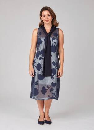 Robe mi-longue imprimé fleurs sans manche bleu GUY DUBOUIS femme