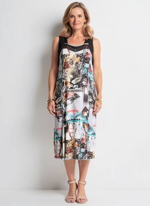 Robe mi-longue imprimé fantaisie sans manche noir FRANCE RIVOIRE femme