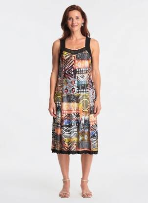 Robe mi-longue imprimé fantaisie sans manche noir GUY DUBOUIS femme