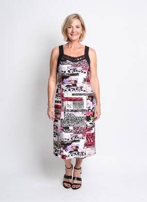 Robe mi-longue imprimé fantaisie sans manche noir GUY DUBOUIS femme