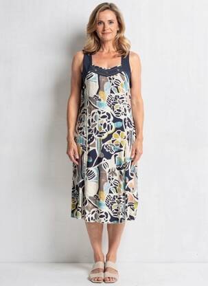 Robe mi-longue imprimé fantaisie sans manche bleu FRANCE RIVOIRE femme
