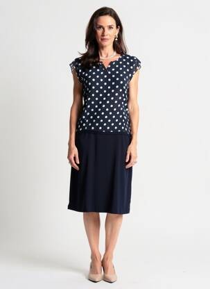 Robe mi-longue tissage crêpe manches courtes bleu GUY DUBOUIS femme
