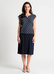 Robe mi-longue tissage crêpe manches courtes bleu GUY DUBOUIS femme
