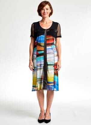 Robe mi-longue imprimé fantaisie manches courtes noir GUY DUBOUIS femme