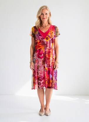 Robe mi-longue imprimé fleurs manches courtes rouge GUY DUBOUIS femme