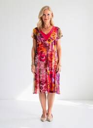 Robe mi-longue imprimé fleurs manches courtes rouge GUY DUBOUIS femme