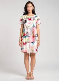 Robe courte fermeture zippée au dos manches courtes beige GUY DUBOUIS femme