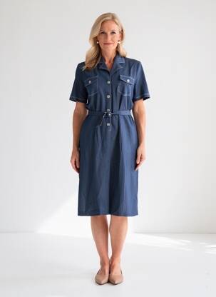 Robe mi-longue tissage crêpe manches courtes bleu GUY DUBOUIS femme