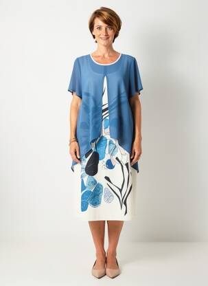 Robe mi-longue imprimé fleurs manches courtes bleu GUY DUBOUIS femme