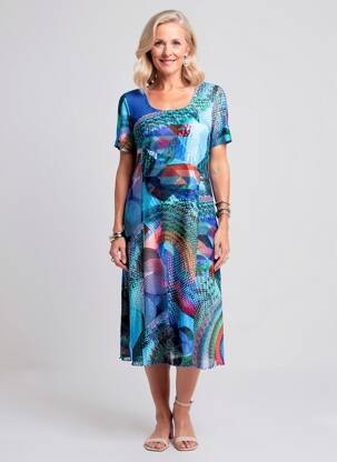 Robe mi-longue imprimé fantaisie manches courtes bleu GUY DUBOUIS femme