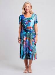 Robe mi-longue imprimé fantaisie manches courtes bleu GUY DUBOUIS femme