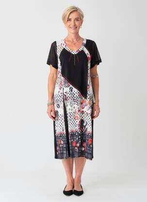 Robe mi-longue imprimé fantaisie manches courtes noir FRANCE RIVOIRE femme