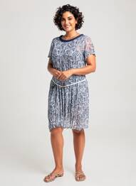 Robe mi-longue coupe fluide manches courtes bleu GUY DUBOUIS femme