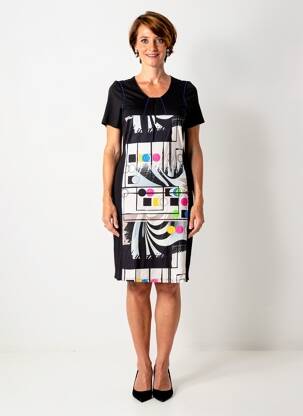 Robe mi-longue imprimé fantaisie manches courtes noir GUY DUBOUIS femme
