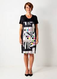 Robe mi-longue imprimé fantaisie manches courtes noir GUY DUBOUIS femme