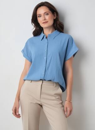 Chemisier coupe droite manches courtes bleu GEVANA femme