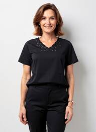 T-shirt col v manches courtes noir GEVANA femme