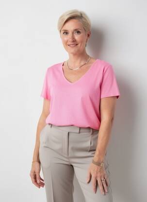 T-shirt col v manches courtes rose GEVANA femme