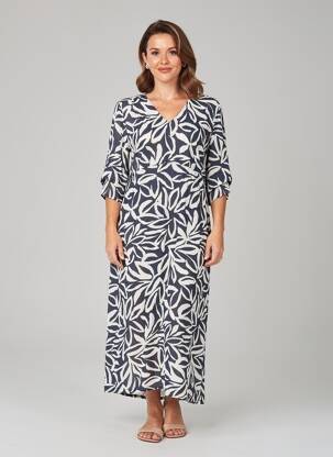 Robe longue tissage popeline manches courtes bleu GEVANA femme